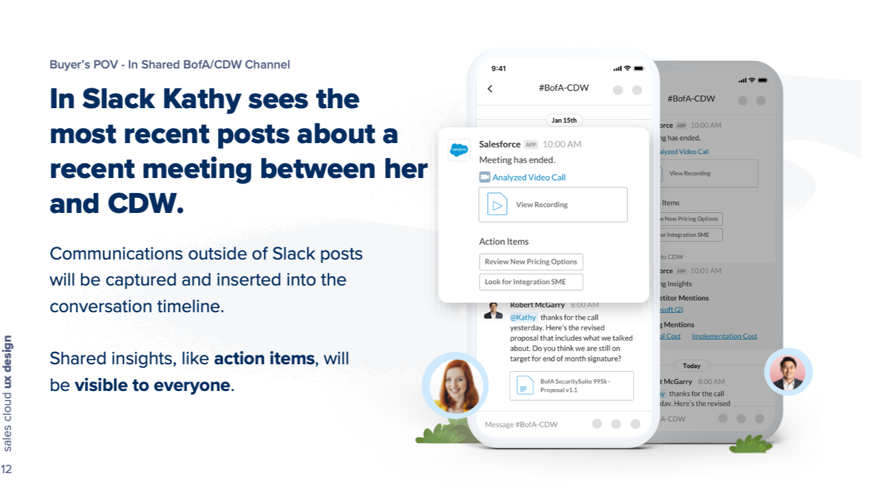 A video call between buyer and seller ends and posts itself into the shared channel with a recording link and two action items, so activity outside Slack lands on the same timeline.